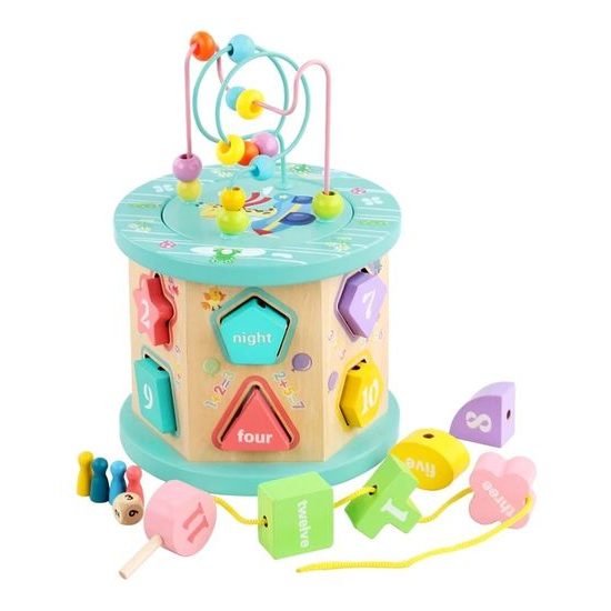 Dřevěná edukační kostka s labyrintem 4v1 Bead Box