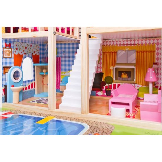 Doris dřevěný 2 patrový domeček pro panenky s barevným LED osvětlením