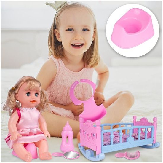 Postýlka pro panenku Play House 37 cm s panenkou a příslušenstvím