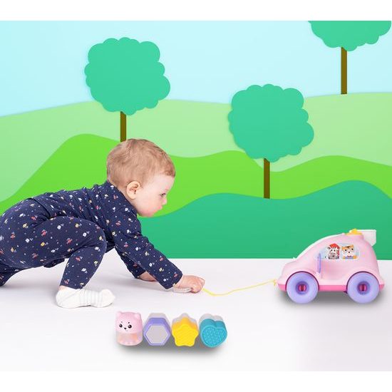 Edukační vkládací kostka - tahací Autíčko růžové
