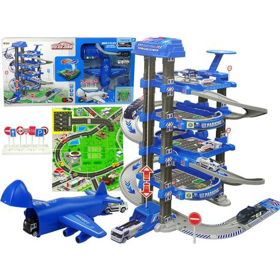 Parkovací garáž s výtahem na baterie, letadlem a hrací podložkou Police Garage