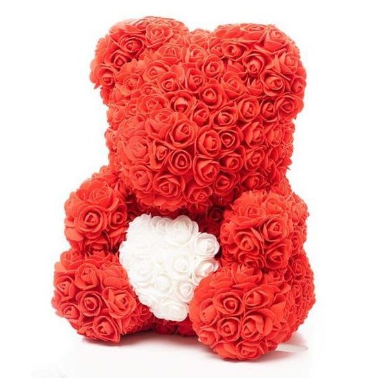 Medvídek z růží červený s bílým srdcem Rose Bear 40 cm