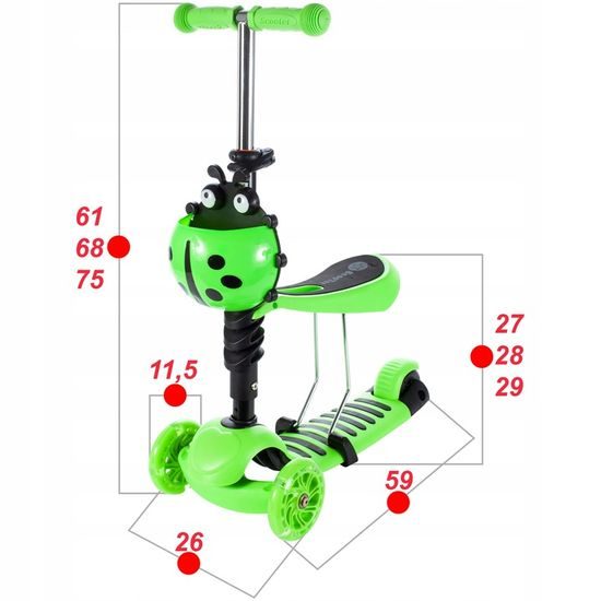 Dětská koloběžka Bedrunka zelená se sedátkem a svítícími koly