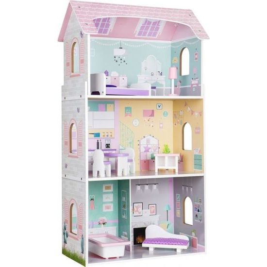 Ecotoys dřevěný třípatrový domeček pro panenky Jahodová