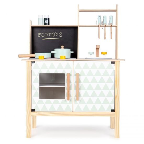Ecotoys dětská dřevěná kuchyňka se zvuky, LED efekty a kreslící tabulí