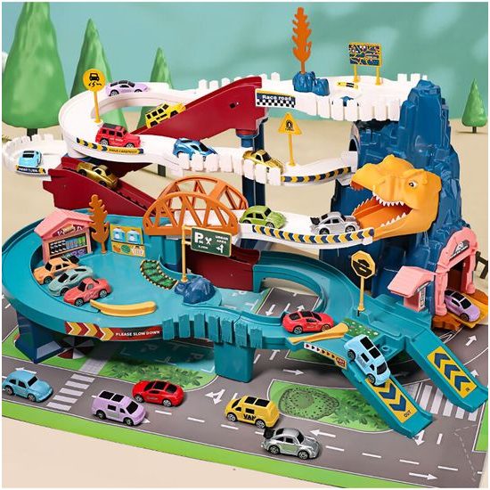 Parkovací dráha se 4 autíčky, tunelem a výtahem na baterie Dinosaur Rail