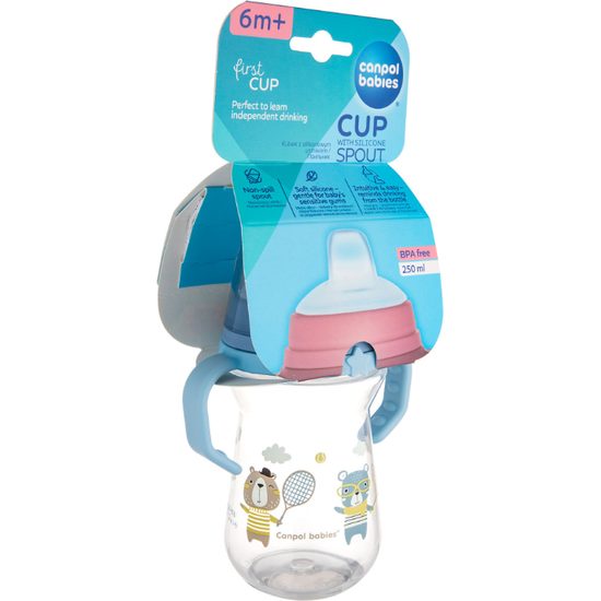 CANPOL babies Hrneček se silikonovým pítkem FirstCup BONJOUR PARIS 250ml modrý