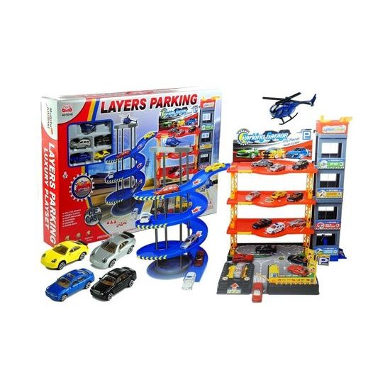 Majlo Toys parkovací garáž s výtahem a helikoptérou + 4 autíčka