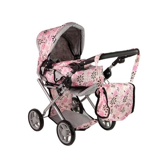 Alice kočárek pro panenky 9346 kombinovaný růžový s kytičkami
