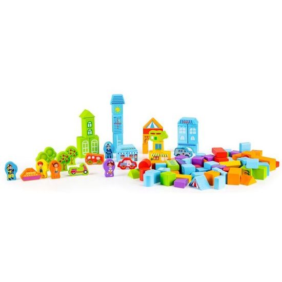 Ecotoys sada dřevěných kostek v kyblíku 100 ks v Městečko