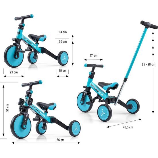 Dětská tříkolka 4v1 Milly Mally Optimus Plus s vodící tyčí blue