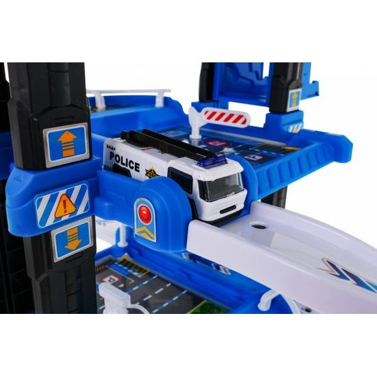 Parkovací garáž s výtahem na baterie, autíčky a hrací podložkou Police Garage