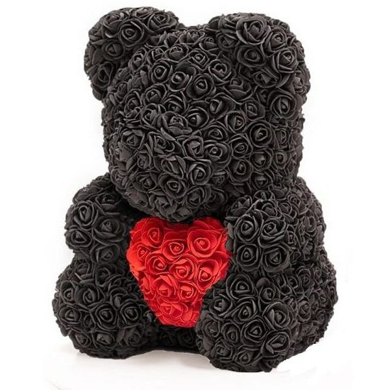 Medvídek z růží černý s červeným srdcem Rose Bear 40 cm