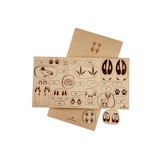 Stopy zvířat- edukativní dřevěné puzzle - ČESKÁ VERZE