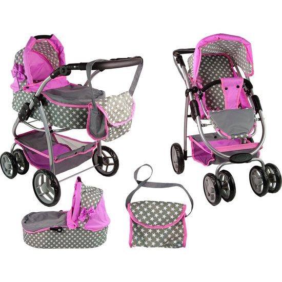 Alice velký sportovní kočárek pro panenky 3v1 - 9662 šedo-růžový
