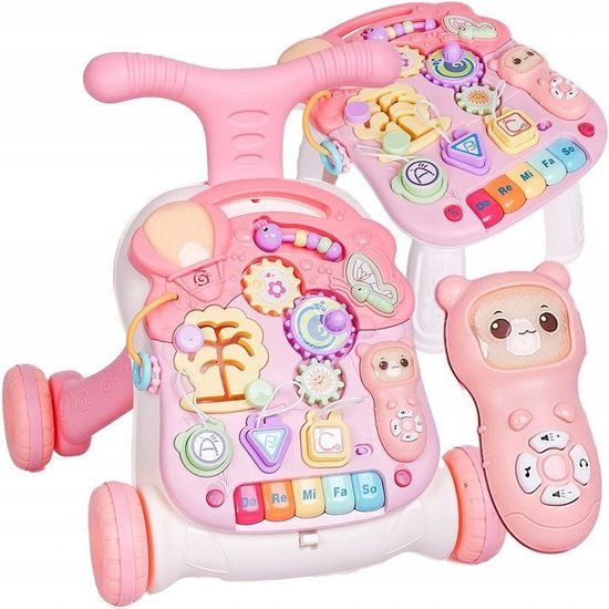 Doris interaktivní chodítko s hracím stolečkem 2v1 růžové