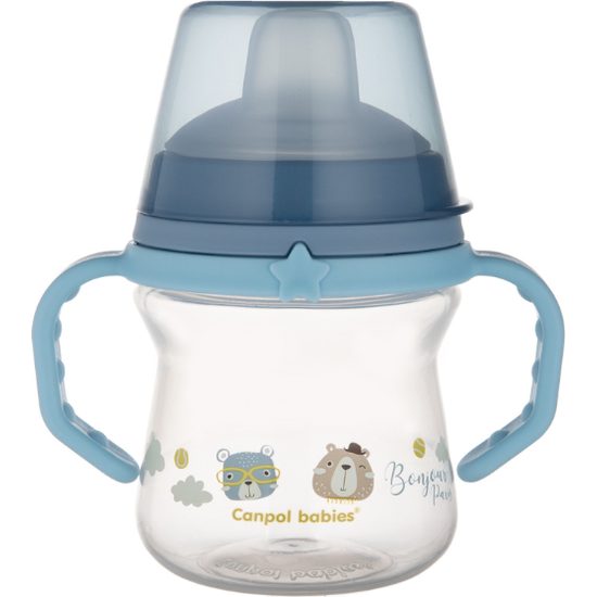 CANPOL babies Hrneček se silikonovým pítkem FirstCup BONJOUR PARIS 150ml modrý