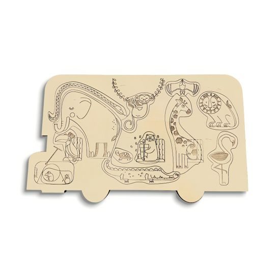 Velký červený BUS se zvířátky dřevěné puzzle - ČESKÁ VERZE