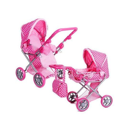 Doris kočárek pro panenky kombinovaný - 9346 růžovo-bílý s puntíkama
