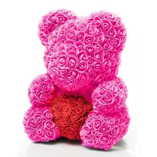 Medvídek z růží růžový s červeným srdcem Rose Bear 40 cm
