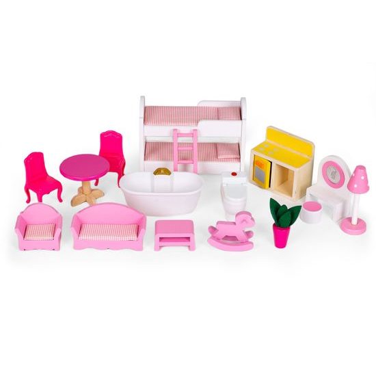 Ecotoys dřevěný dvoupatrový domeček pro panenky Malinová + 2 panenky