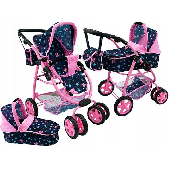Doris velký sportovní kočárek pro panenky 3v1 - 9662 tmavě modrá s motýlkama