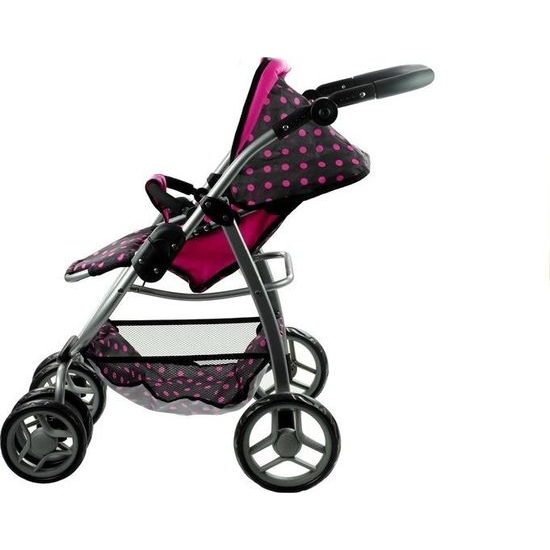 Kočárek pro panenky 2v1 Alice - černý s růžovými puntíky