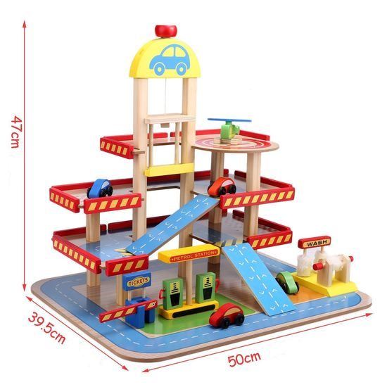 Ecotoys dřevěná garáž s výtahem, autíčky a helikoptérou