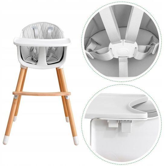 Ecotoys dřevěná jídelní židlička 2v1 šedá