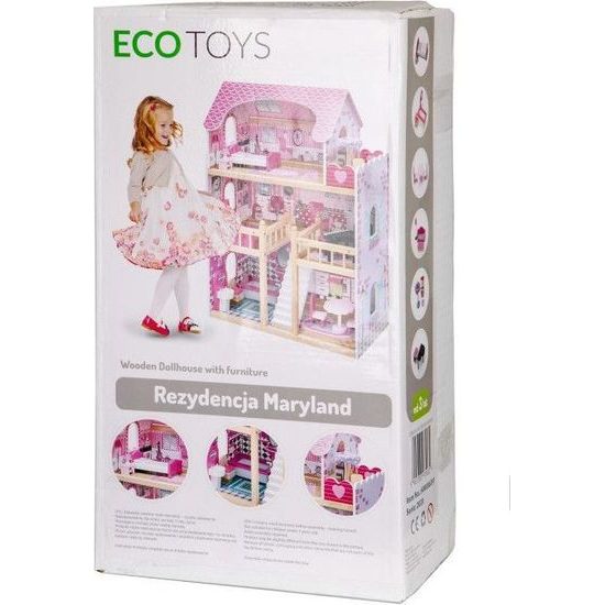 Ecotoys dřevěný domeček pro panenky s LED osvětlením Maryland