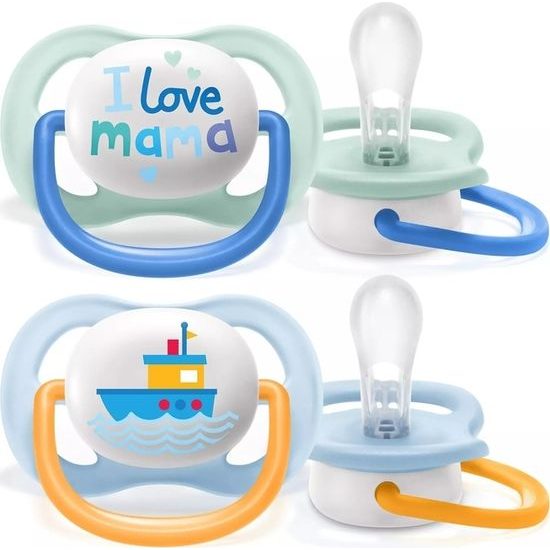 AVENT Dudlík Ultra Air Happy I Love mama, 0-6m - Lodička, modrá 2ks