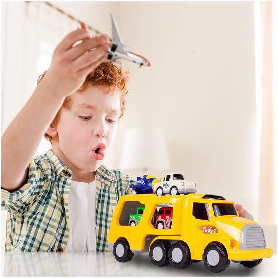 Nákladní auto se 3 autíčky, helikoptérou, světly a zvuky Transport Car žluté
