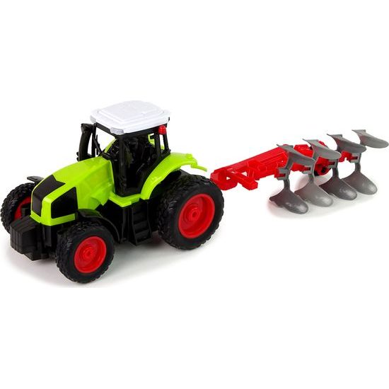 Zelený traktor s pluhem na dálkové ovládání