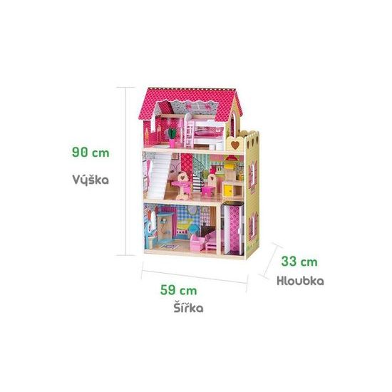 Ecotoys dřevěný domeček pro panenky Malinová s výtahem + 2 panenky