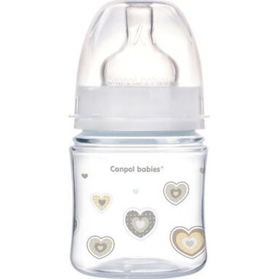 CANPOL 35/216 Širokohrdlá antikoliková láhev Easystart Newborn Baby 120 ml béžová srdíčka