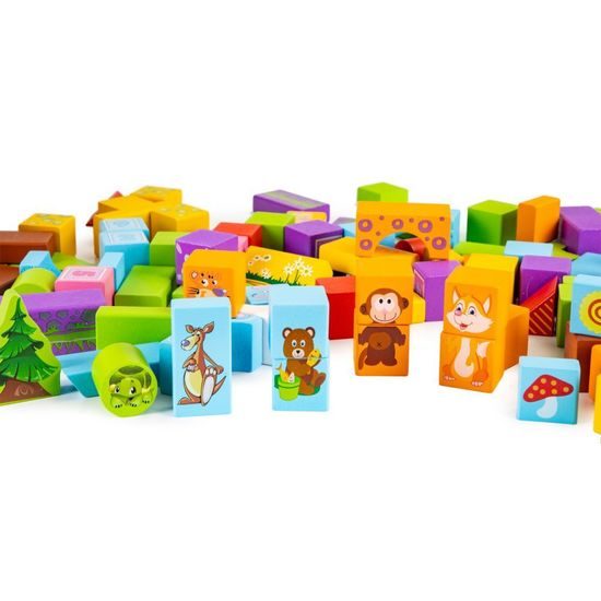 Ecotoys sada dřevěných kostek v kyblíku 100 ks v Zvířátka