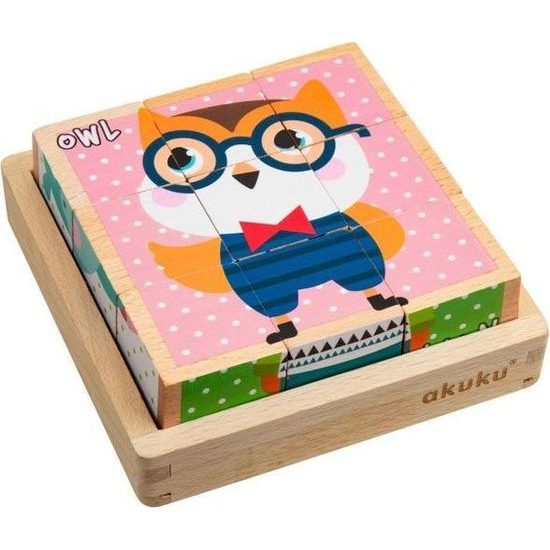 Skládací edukační dřevěné kostky v krabičce Akuku ZOO 9 ks