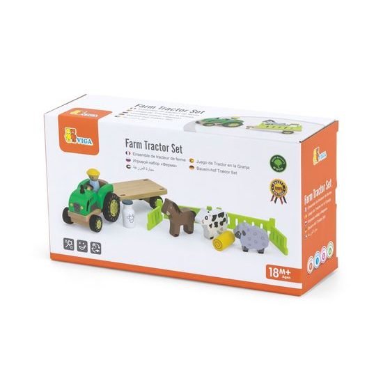 Viga Dřevěný traktor s přívěsem a zvířaty