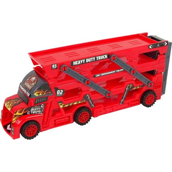 Velký vůz s rampou pro odpalování aut + 6 autíček červený