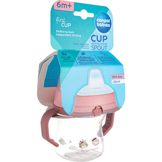 CANPOL babies Hrneček se silikonovým pítkem FirstCup BONJOUR PARIS 150ml růžový