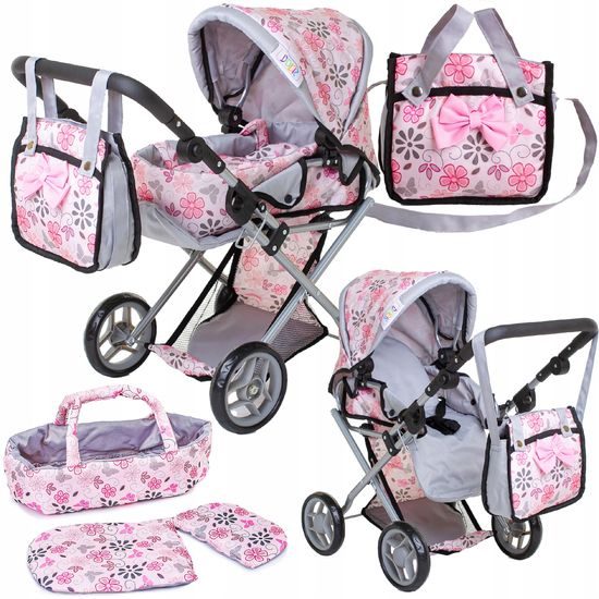 Doris kočárek pro panenky kombinovaný - 9346 světle růžový s kytičkami