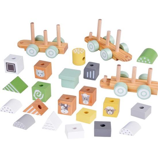 Dřevěná lokomotiva s vagóny a kostkami 22 dílků