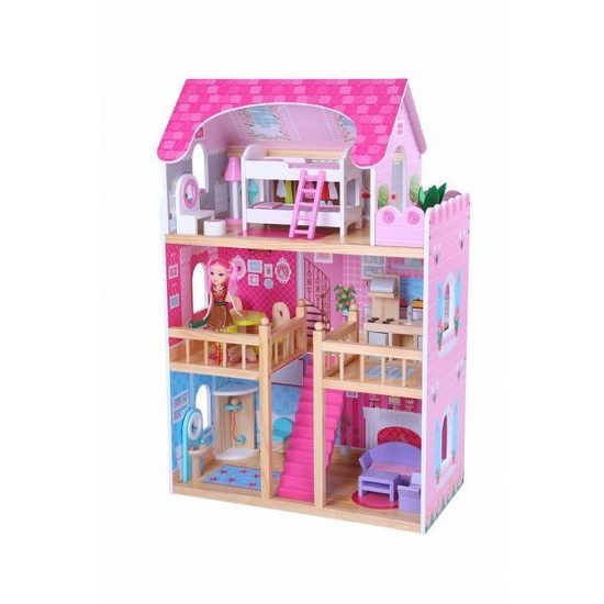 Ecotoys dřevěný dvoupatrový domeček pro panenky Malinová Nová + 2 panenky