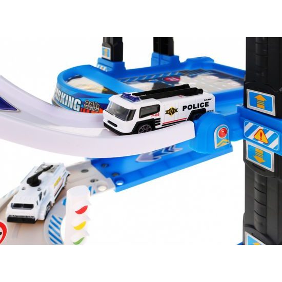 Parkovací garáž s výtahem na baterie, autíčky a hrací podložkou Police Garage