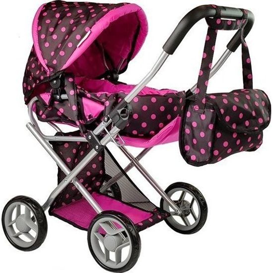 Kočárek pro panenky Alice s příslušenstvím-černý s růžovými puntíky