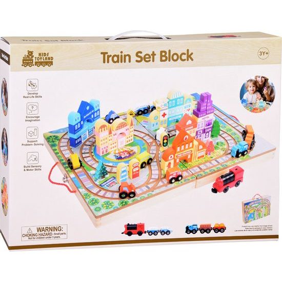 Dřevěná vláčkodráha MĚSTO + kufřík 89 ks