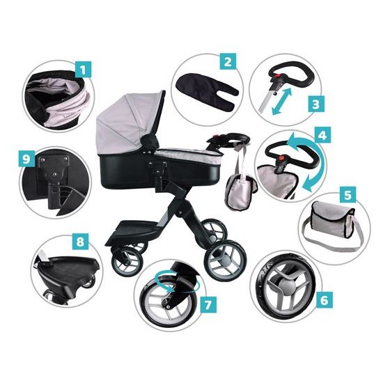 Alice moderní hluboký kočárek pro panenky 4544 šedý