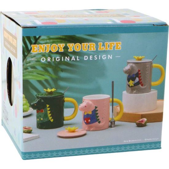 Hrnek s pokličkou - dinosaurus, šedý, 400 ml