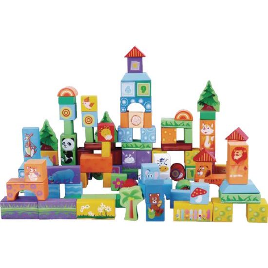 Ecotoys sada dřevěných kostek v kyblíku 100 ks v Zvířátka