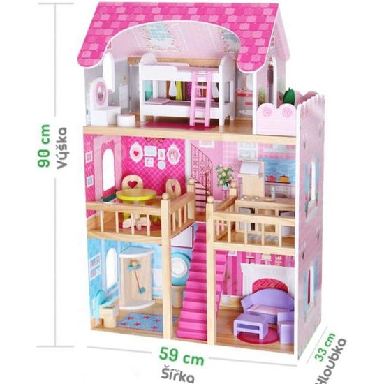 Ecotoys dřevěný dvoupatrový domeček pro panenky Malinová Nová + 2 panenky